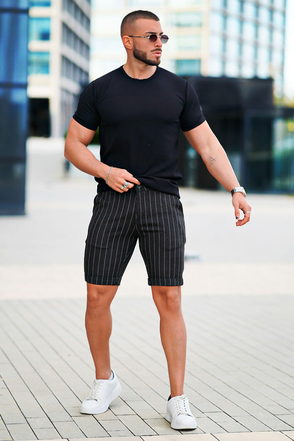 Black Chino Short - Vertical Stripe