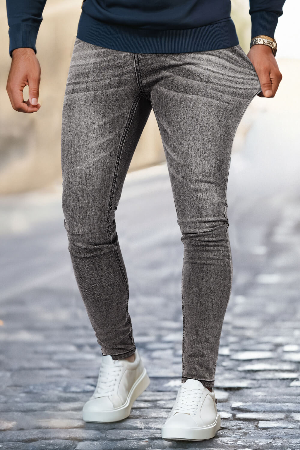 Men's Zipper Skinny Jean -Gray & Washed