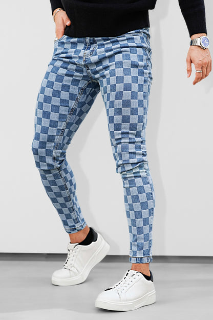 Fashion Skinny Jean For Men - Blue & Checkerboard