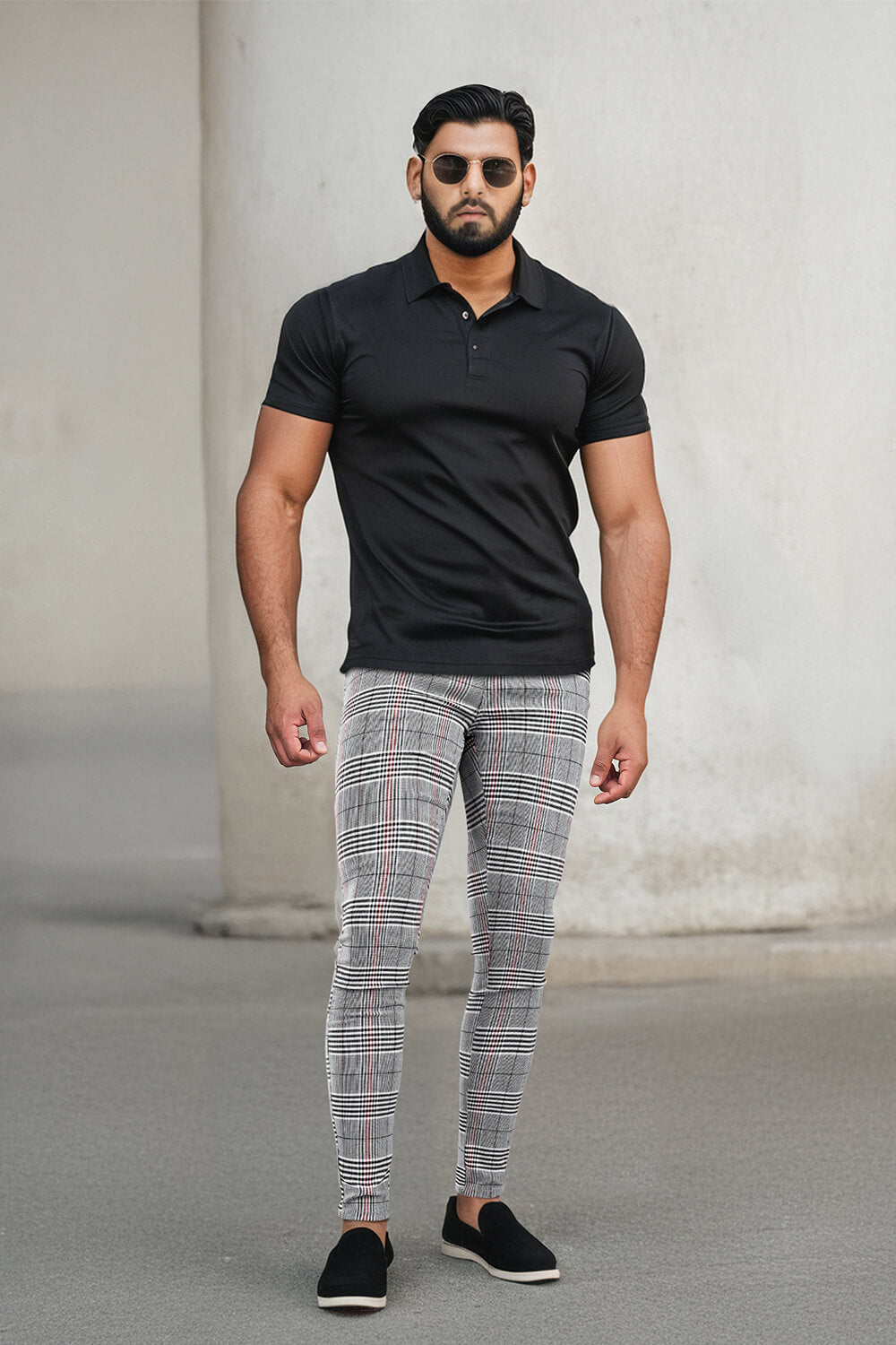 Mens Casual Grey Plaid Trouser