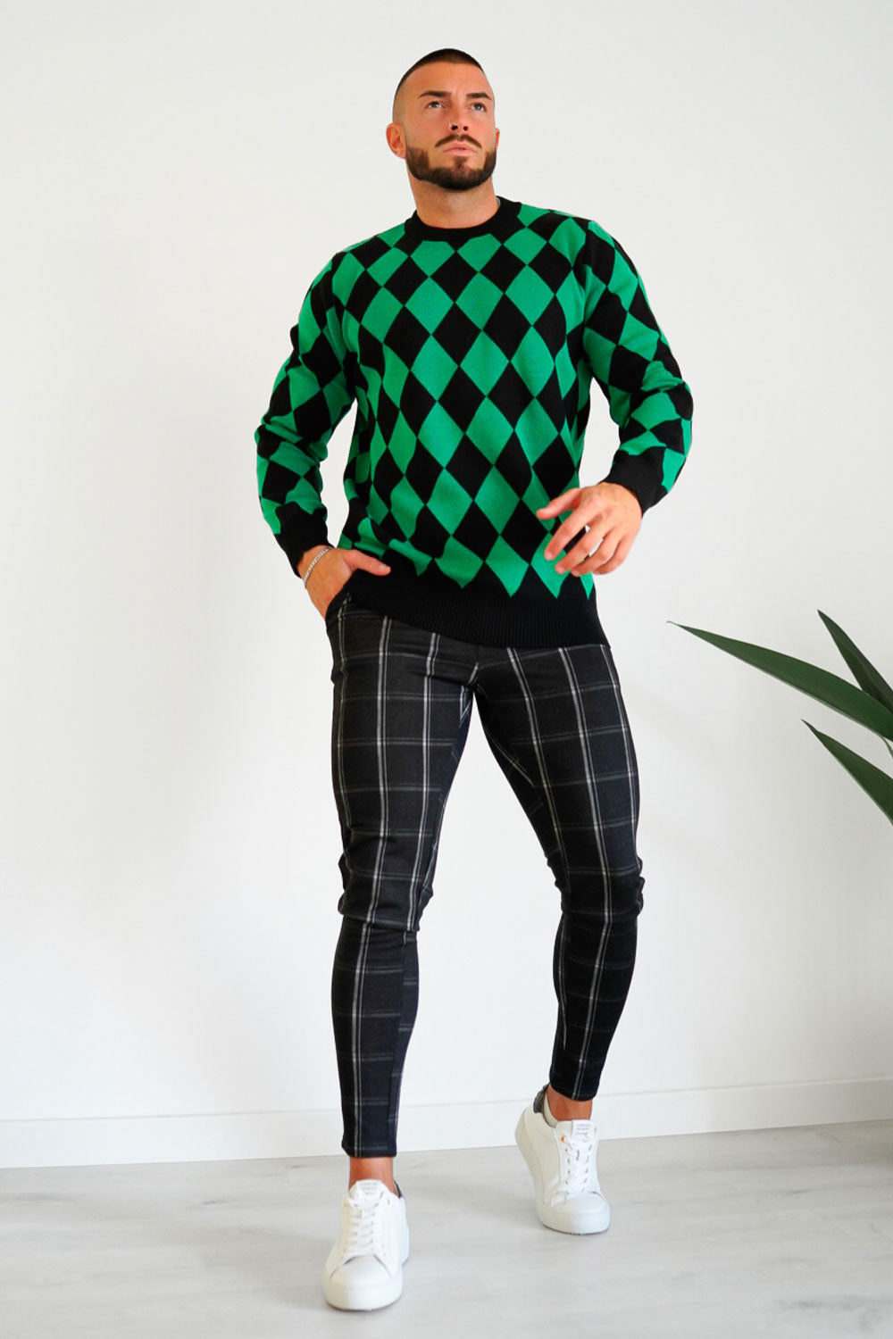 green men’s plaid sweater