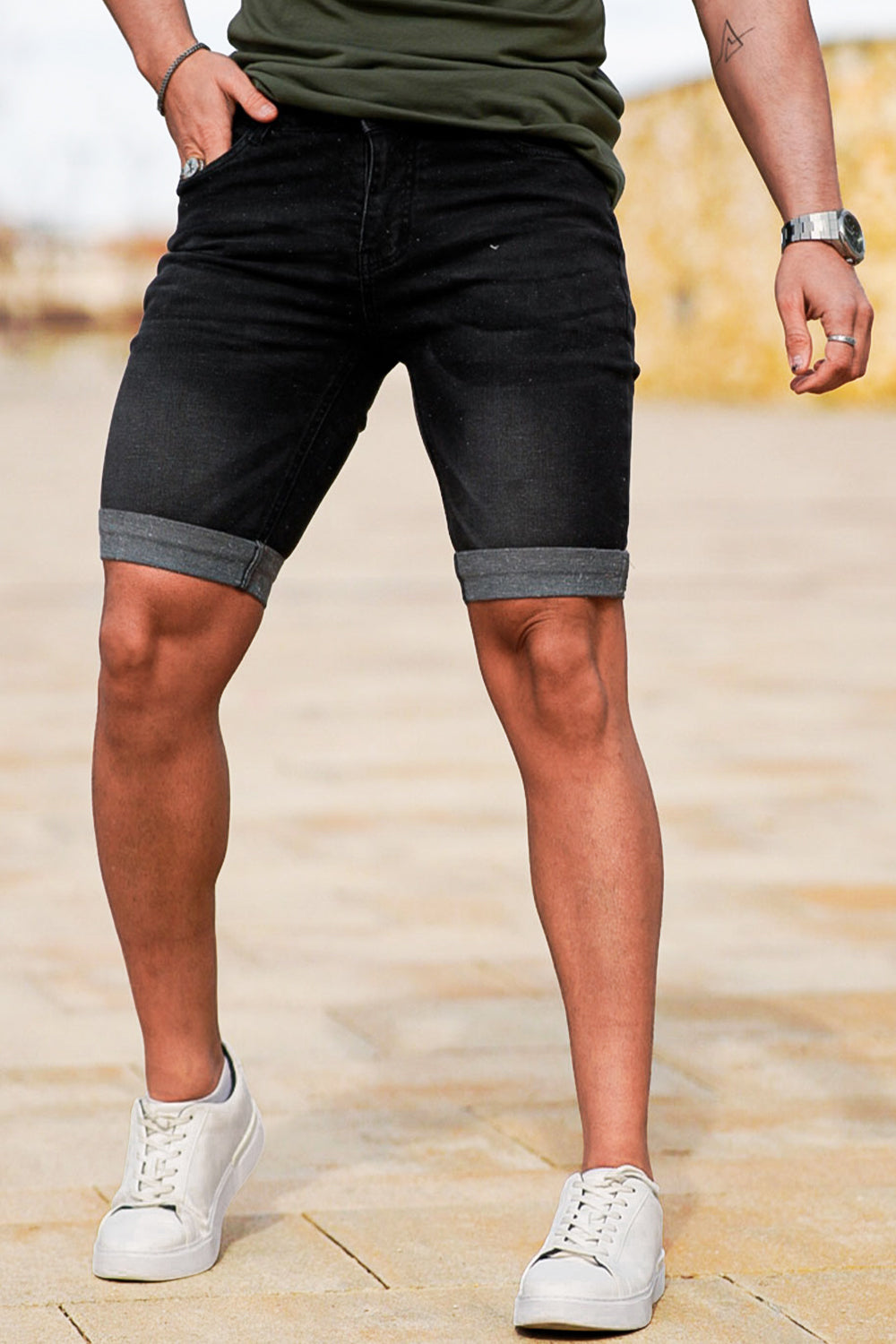 Men Black Denim Short - Crimping