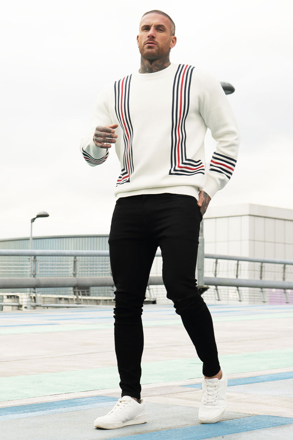 men's crew neck sweater - white & black