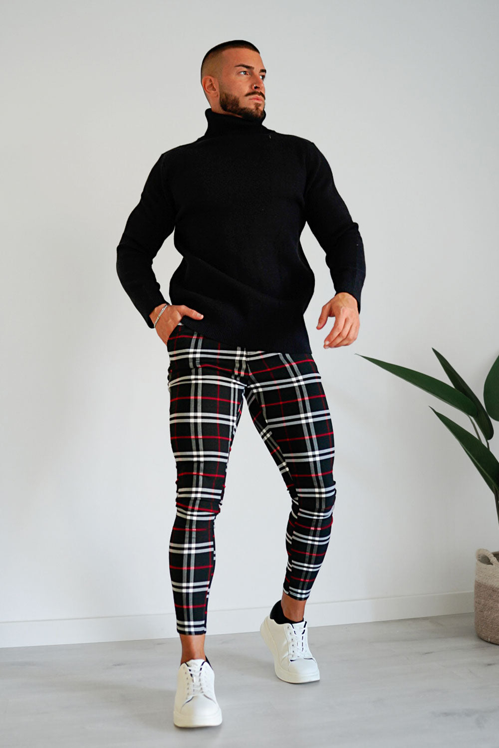  Men's Plaid Chino Pants - Black And Red