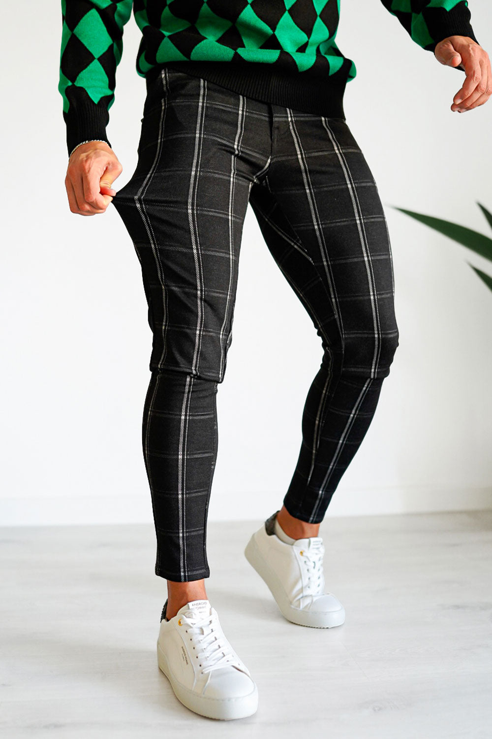 black plaid chino pants