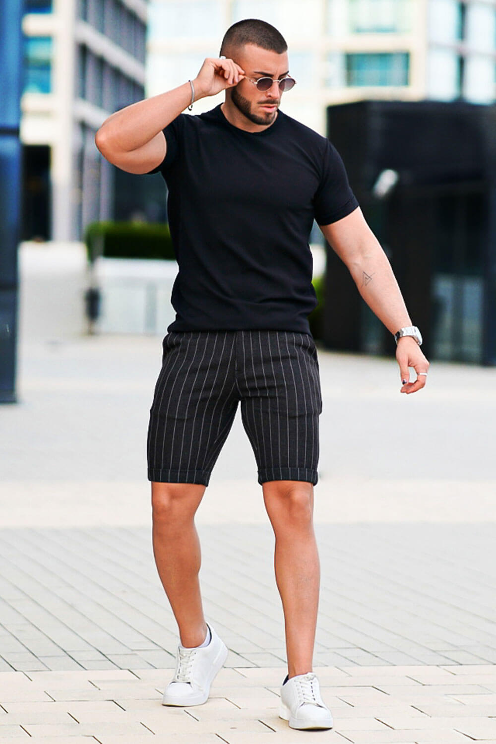 Black Chino Short - Vertical Stripe