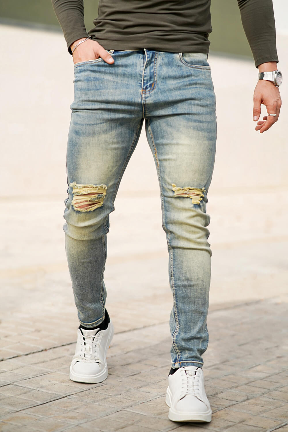 Men's Blue Skinny Jean Ripped - Washing