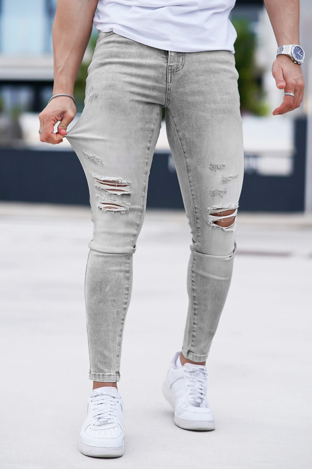 Jean skinny déchiré délavé gris marbré pour hommes