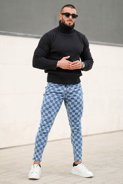 Fashion Skinny Jean For Men - Blue & Checkerboard