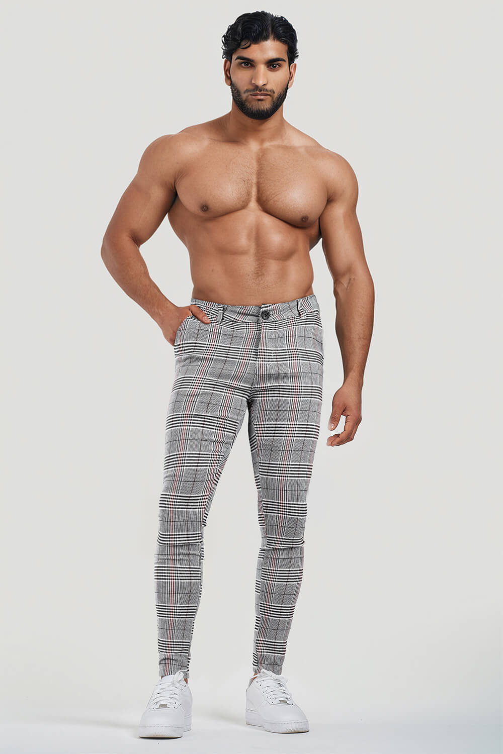 Mens Casual Grey Plaid Trouser