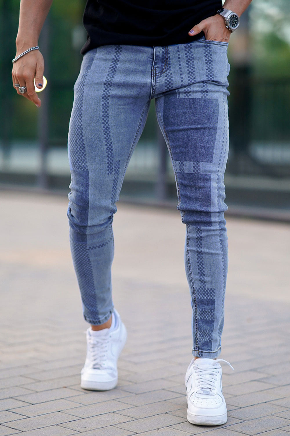 men's blue pinstripe skinny jeans