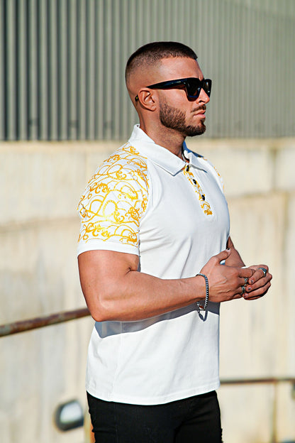 gold and white pattern short sleeve polo shirt