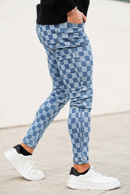 Fashion Skinny Jean For Men - Blue & Checkerboard