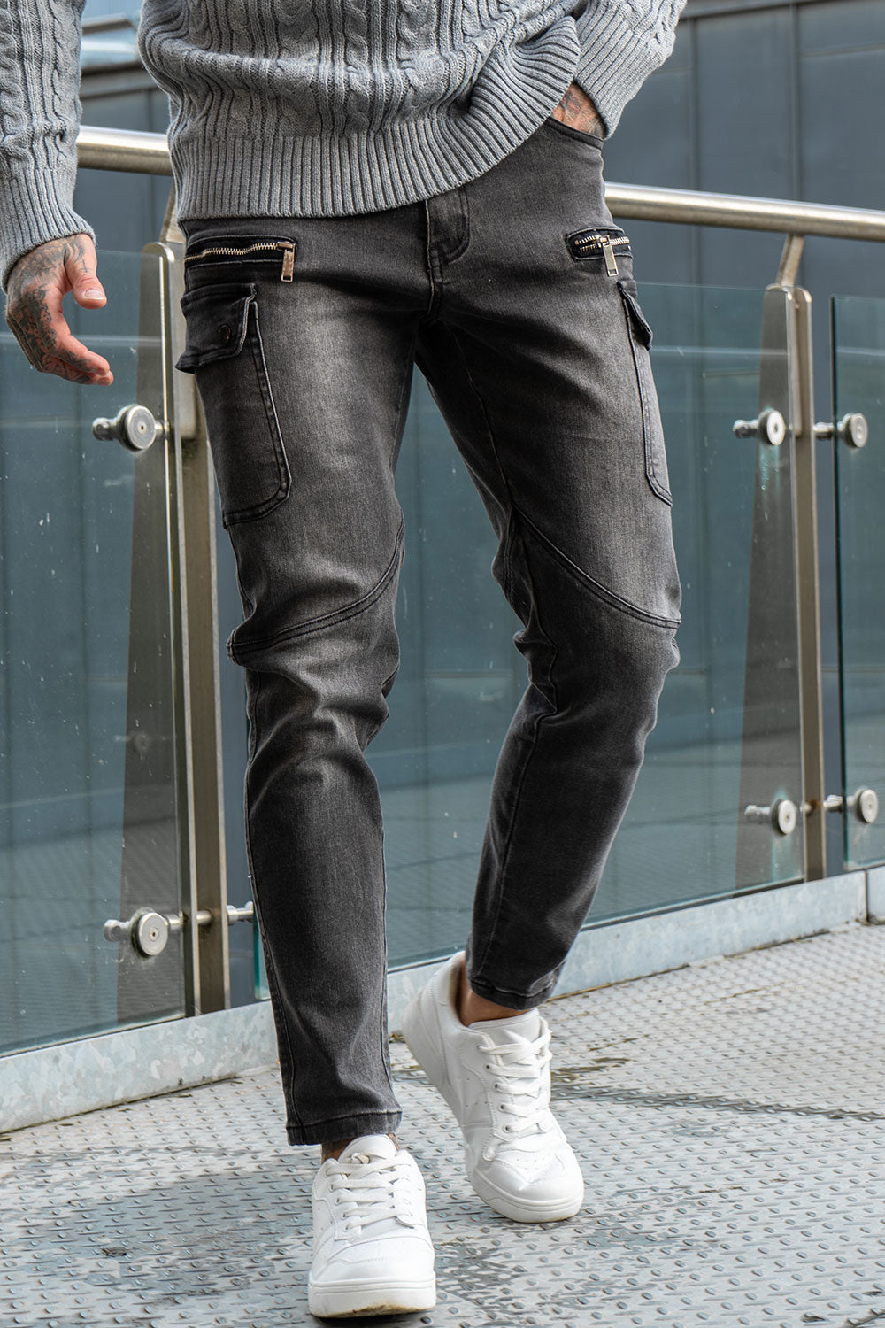 Gray Skinny Jeans Mens - Multi Pocket