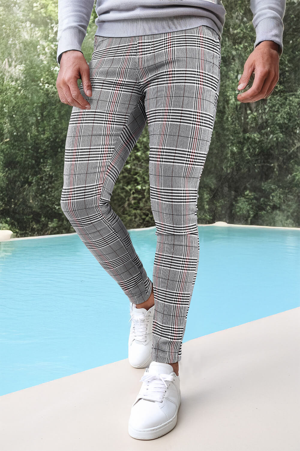 Mens Casual Grey Plaid Trouser