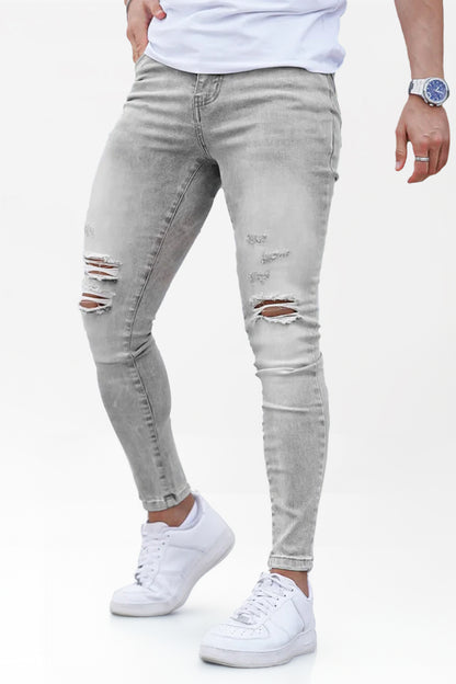 Jean skinny déchiré délavé gris marbré pour hommes