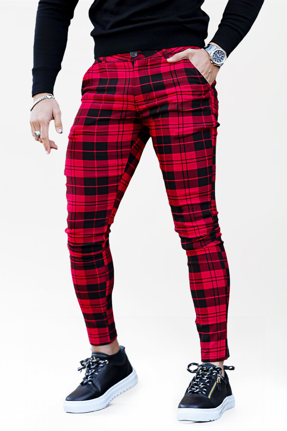 Red And Black Plaid Skinny Pants