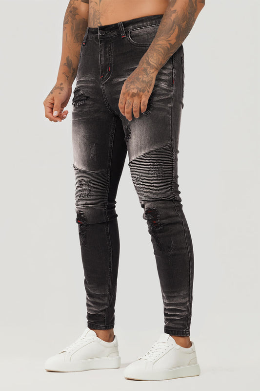 Schwarze Skinny-Jeans mit hoher Taille für Herren – zerrissen