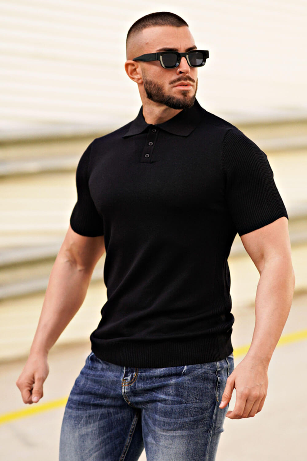 Men's Button Short Sleeve Polo Shirt - Black