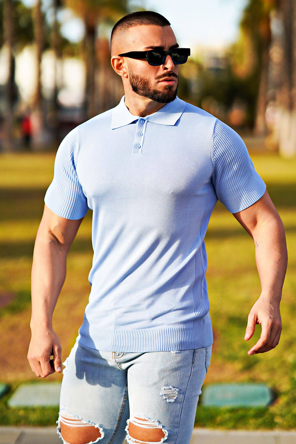 Men's Button Short Sleeve Polo Shirt - Blue