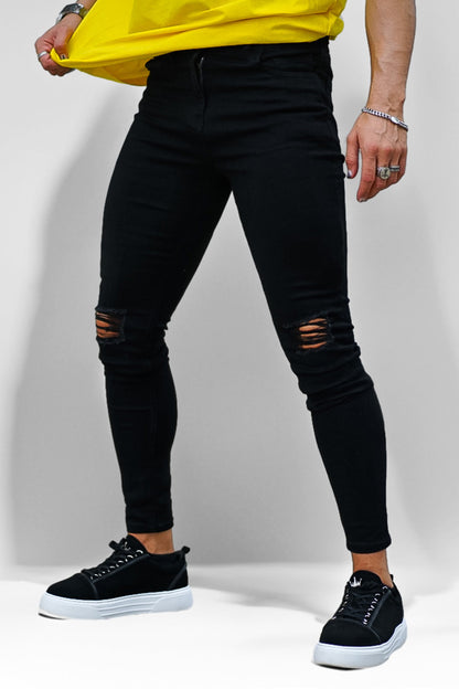 Heren gescheurde knie-jeans zwarte stretch-jeans