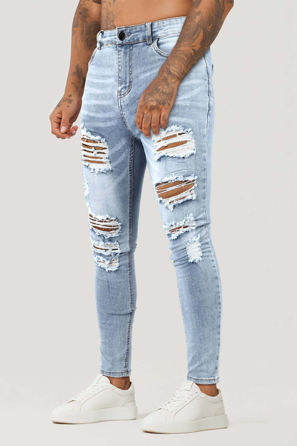 Light Blue Cotton Men's Jeans, 90s Jeans, Long Gradient Men's Jeans with Shredded Patches, Crane Embroidered online Stretch Skinny Jeans