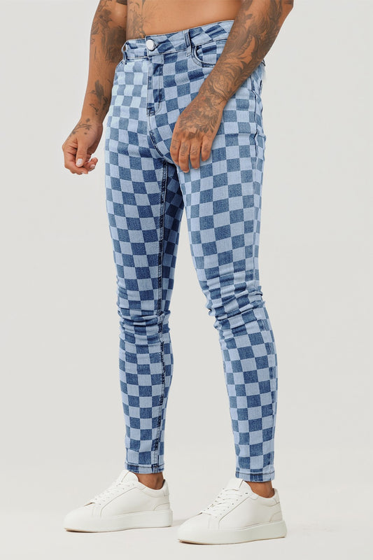 Fashion Skinny Jean For Men - Blue & Checkerboard