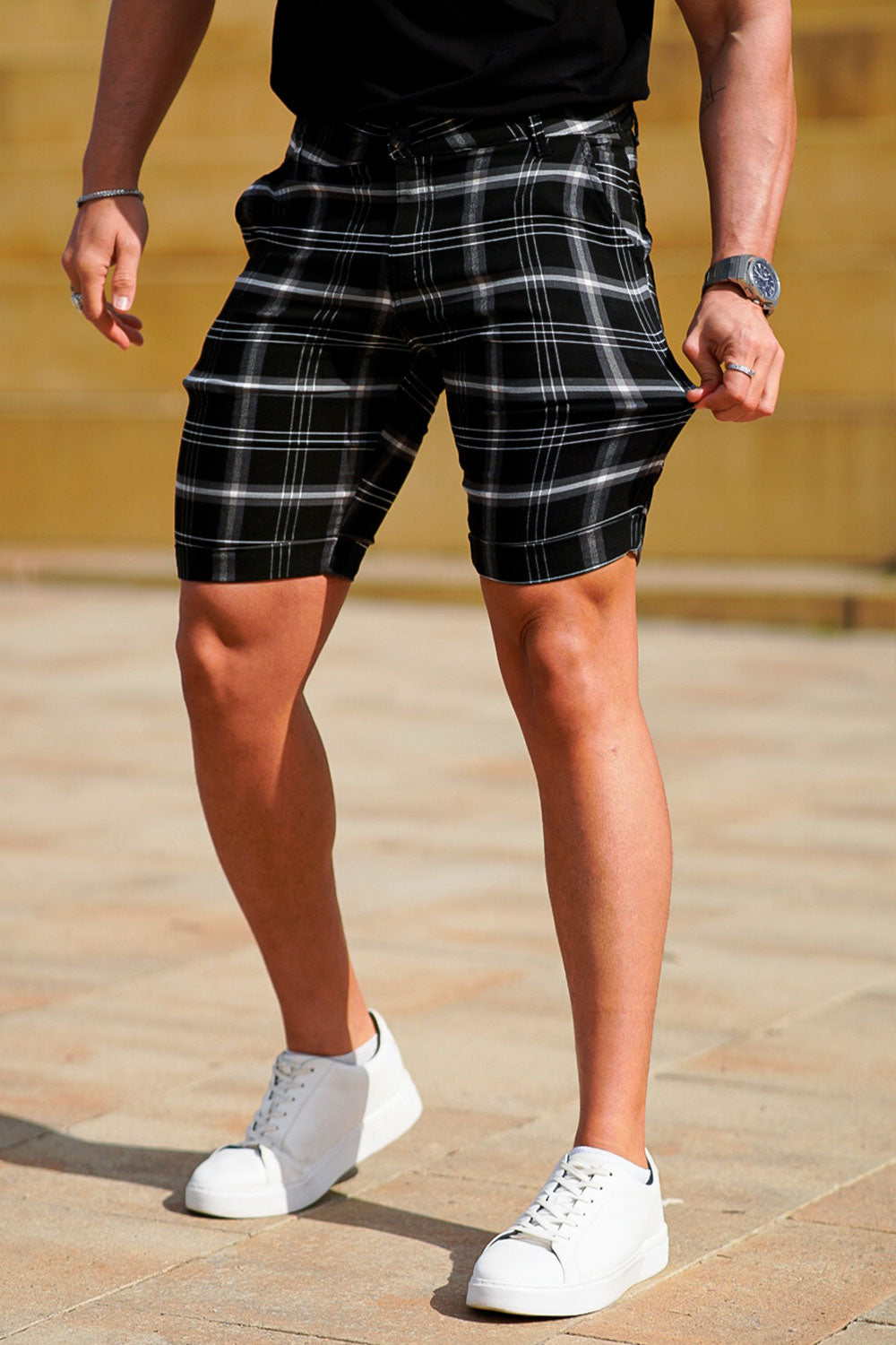 men's black plaid shorts