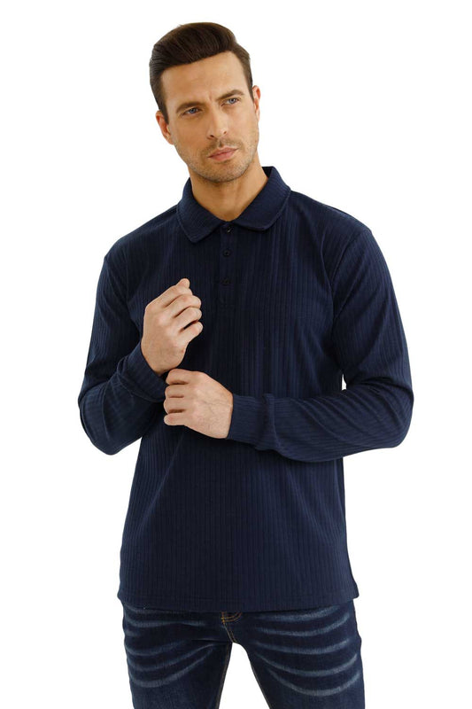 men's navy bule long sleeve polo shirt