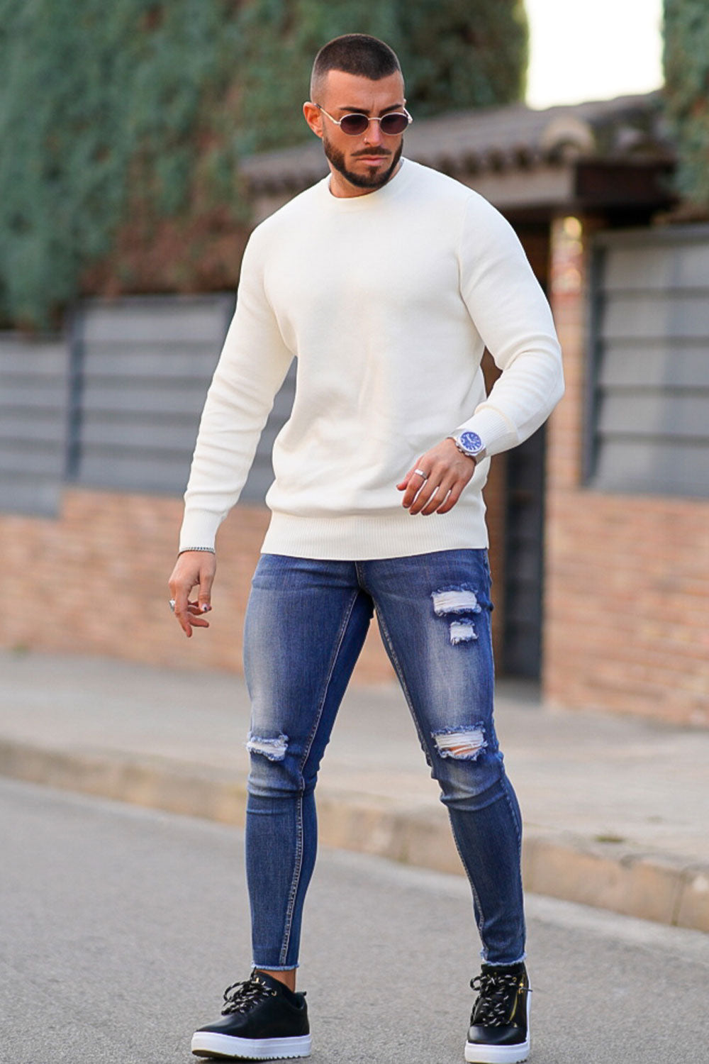 men's white crew neck sweater