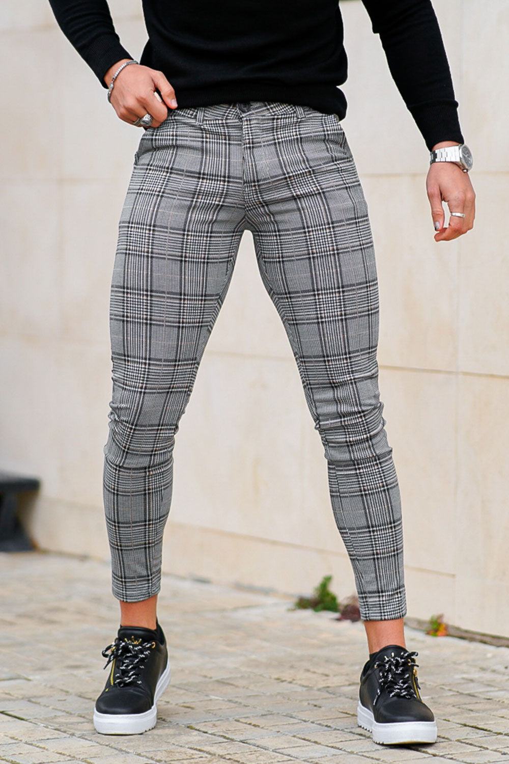 men's grey check trousers