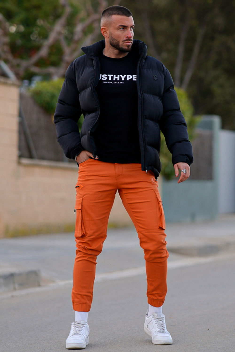 men's orange cargo pants