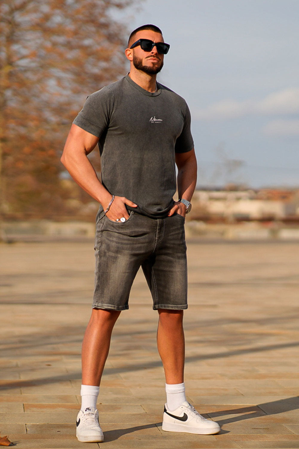 men's gray denim shorts