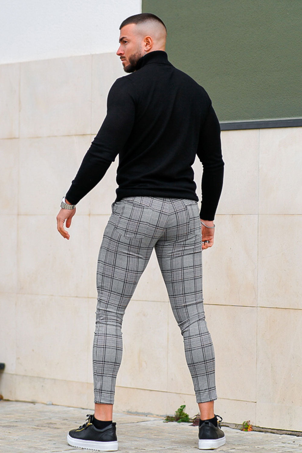 men's grey check trousers