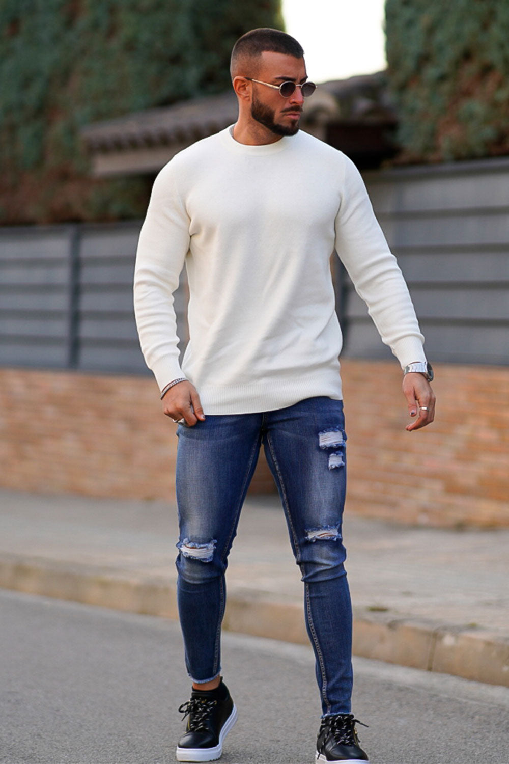 men's white crew neck sweater