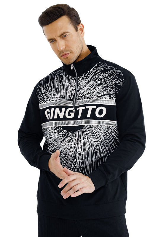 GINGTTO Heren Lange Mouw Slim Fit Crewneck Pullover Fleece-Zwart