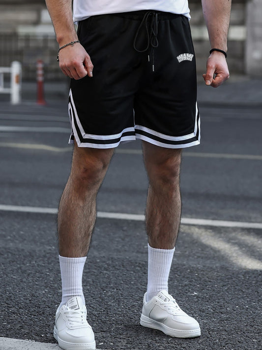 Men Letter Graphic Striped Trim Drawstring Waist Shorts